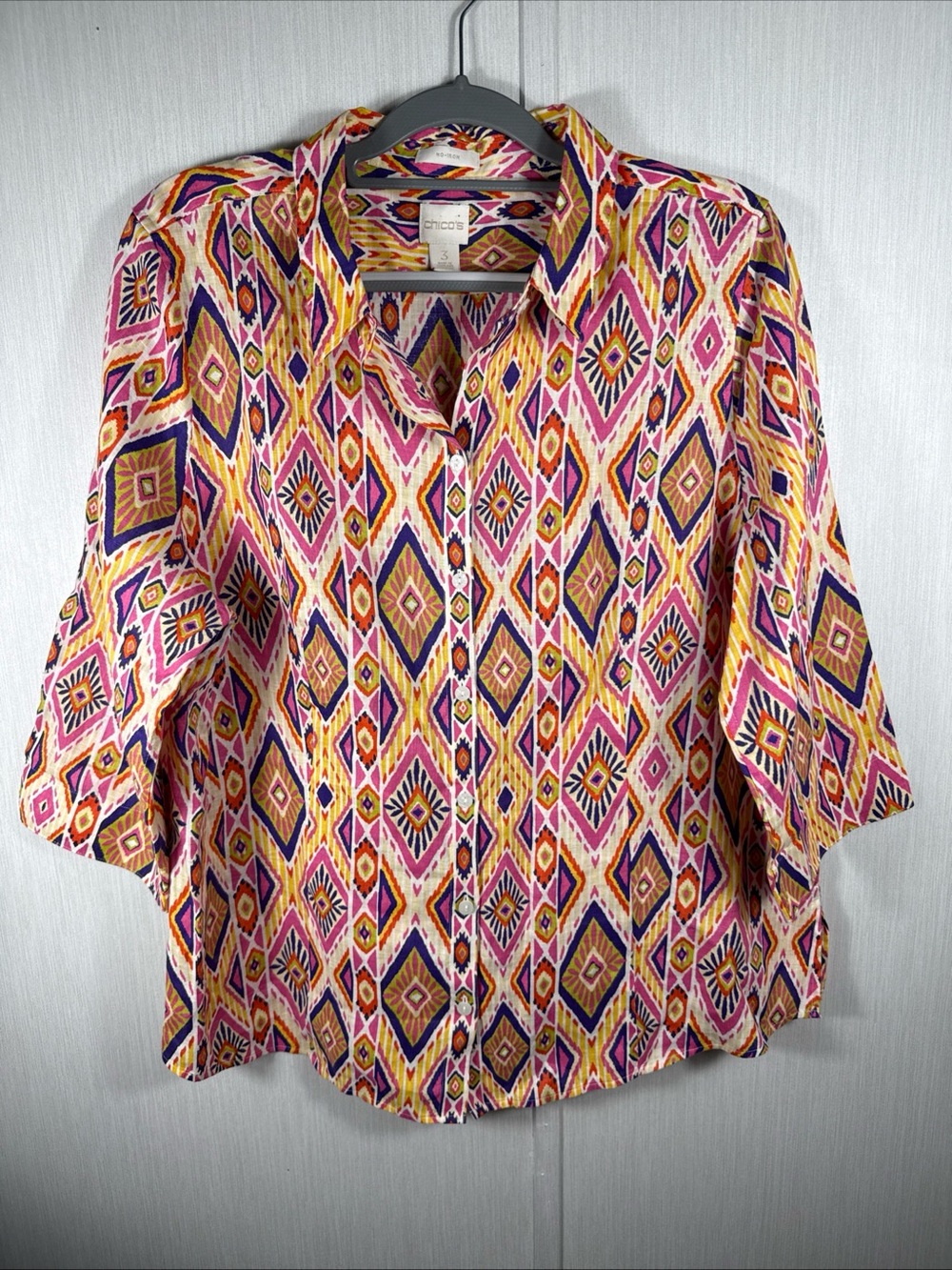 Chico's Linen Aztec Tribal 3/4 Sleeve Button Down Top